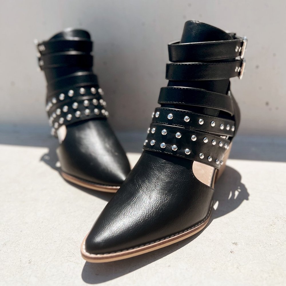 NEW Black Studded Cutout Buckle Strap Pointy Toe Block Heel Ankle Booties Vegan - Picture 2 of 16